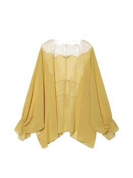 Lace Lantern Sleeve Blouse 4 TFMLN Women Lace Patchwork Lantern Long Sleeve Shirt Top Tie-up Loose Sheer Blouse Elegant Irregular High Street Fashion Lady 4