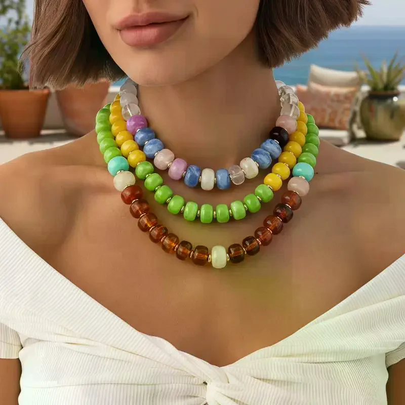 Y2K Colorful Smudging Resin Beads Chain Necklace For Women Trend Collares Vintage Clavicle Chain Party Jewelry