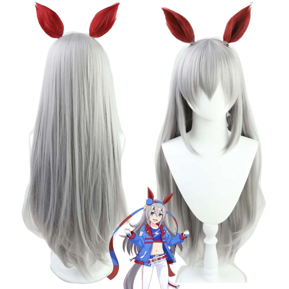 

Halloween Party Women Anime Pretty Derby Tamamo Cross Cosplay Long Gray Wig With Ears