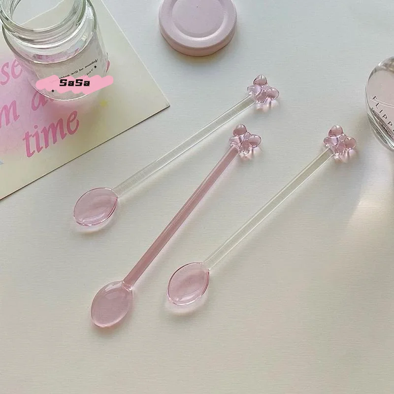 Cuchara de Vidrio con Lazo Rosa, Cuchara Larga para Postre/Té con Leche, Resistente al Calor, Utensilio de Cocina
