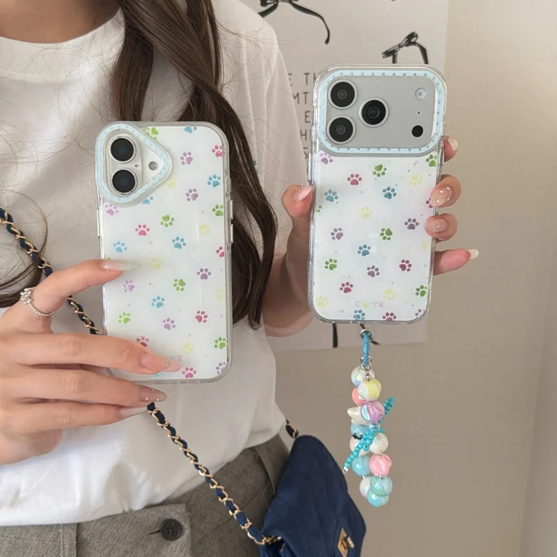 

Korean Color Cute Paw Print Phone Case For iPhone 17 Pro 14 15 16 Pro Max Back Cover with Chain Strap Shockproof Protective Case