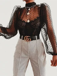 2024 New Sexy See-through Club Evening Party Tops for Women Fashion Puff Sleeve Mesh Blouse and Shirts Ladies Casual Top