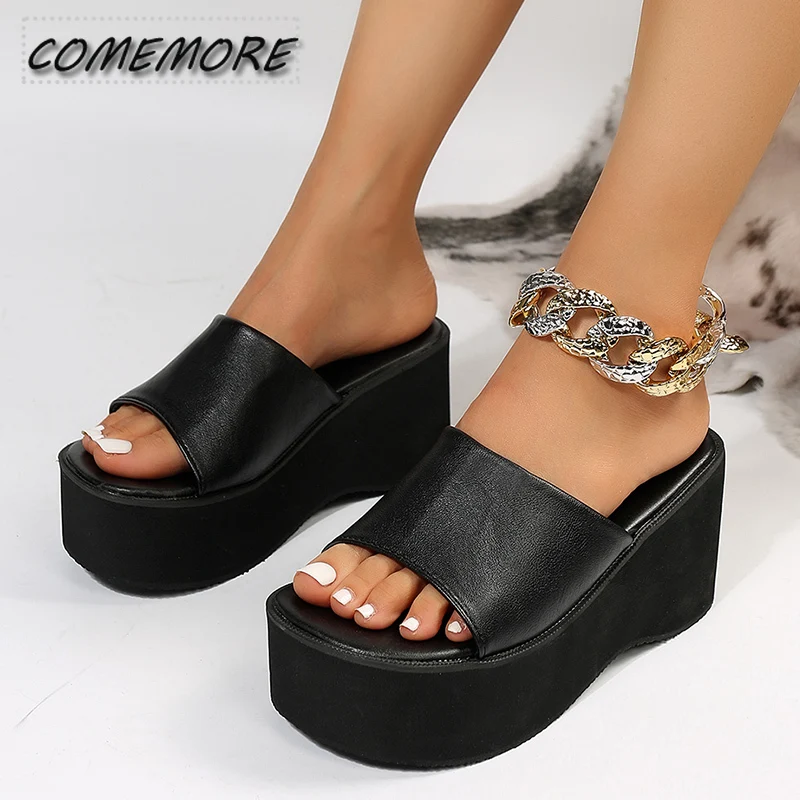 Chunky Platform Sandals Women Fashion Black PU Leather Wedge Slippers for Woman 2024 Summer Thick Bottom Slides Plus Size 42 43