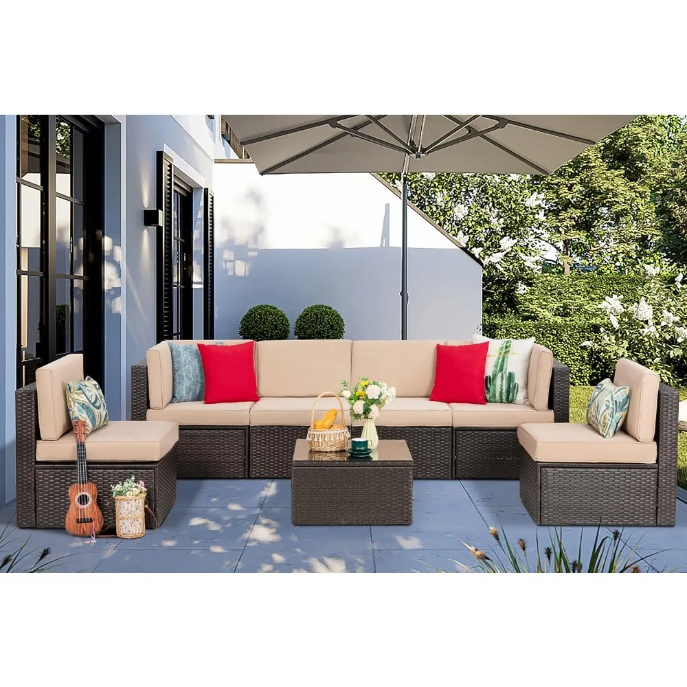 7-piece courtyard furniture set, L-shaped rattan segmented courtyard sofa with backyard glass table, beige color