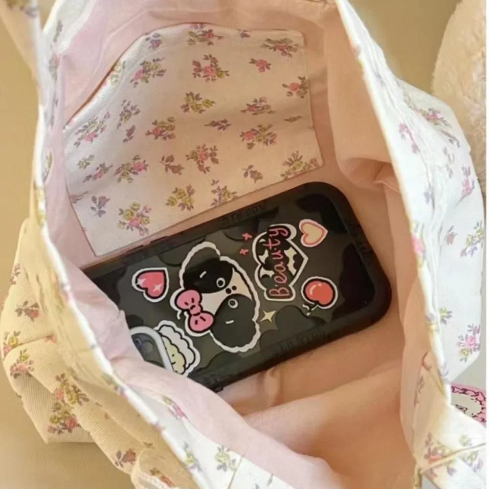 Bedruckte Einkaufstasche mit großem Fassungsvermögen, modisch, süß, mit Spitze, Schleife, Aufbewahrungshandtaschen, Canvas-Handtasche