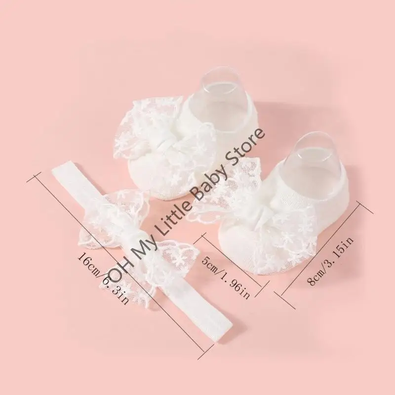 M76C Elegant Lace Bowknot Baby Socks with Headband Kids Step Socks Baby Floor Sock