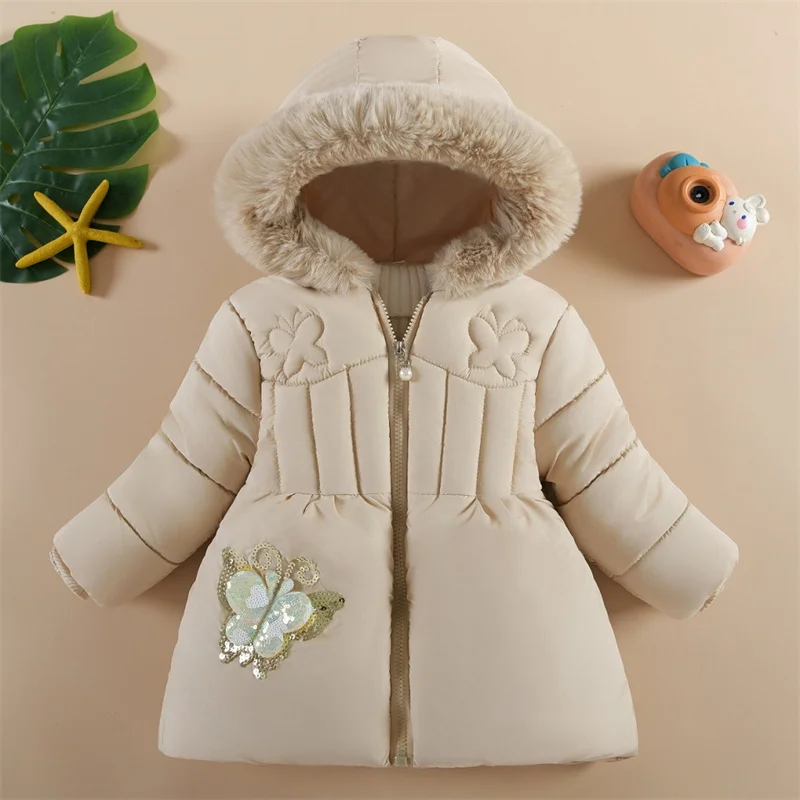 Winter Plus Velvet Parkas Baby Girls Outerwear Kids PlushThick Snowsuit Sequin Cartoon Butterfly Stickers Warm Hooded Coat