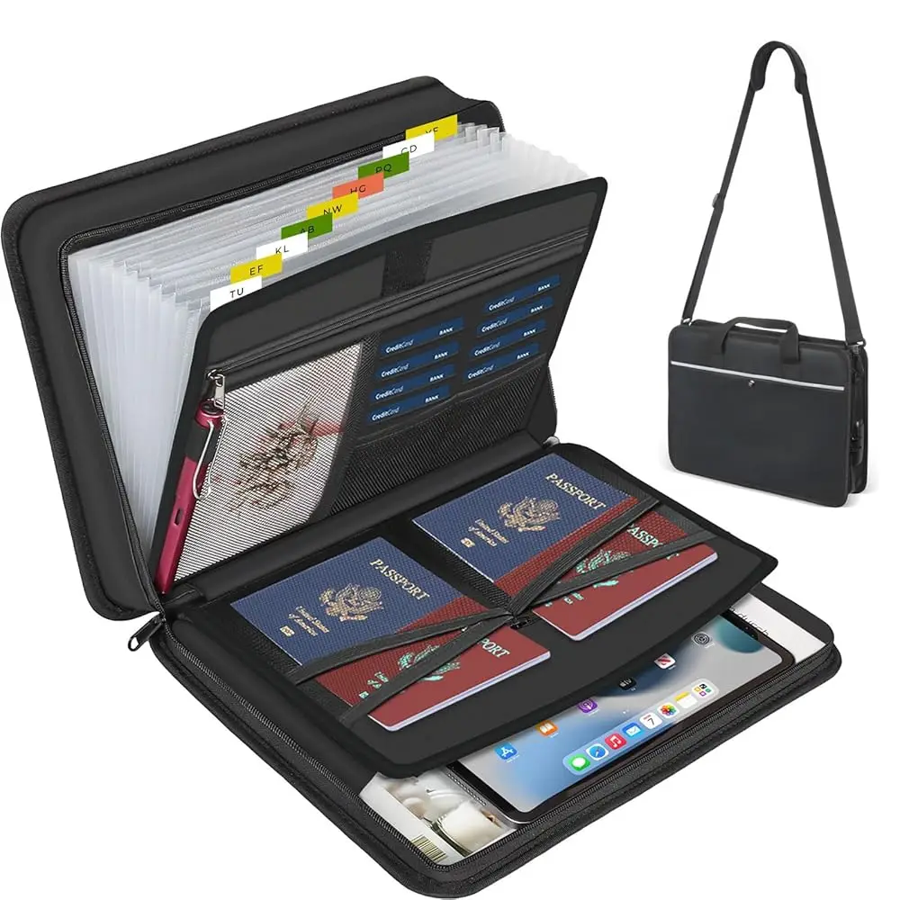 

Accordion File Organizer with Lock and Shoulder Straps,Fireproof Waterproof Document Organizer Folder with Handle, Portable L