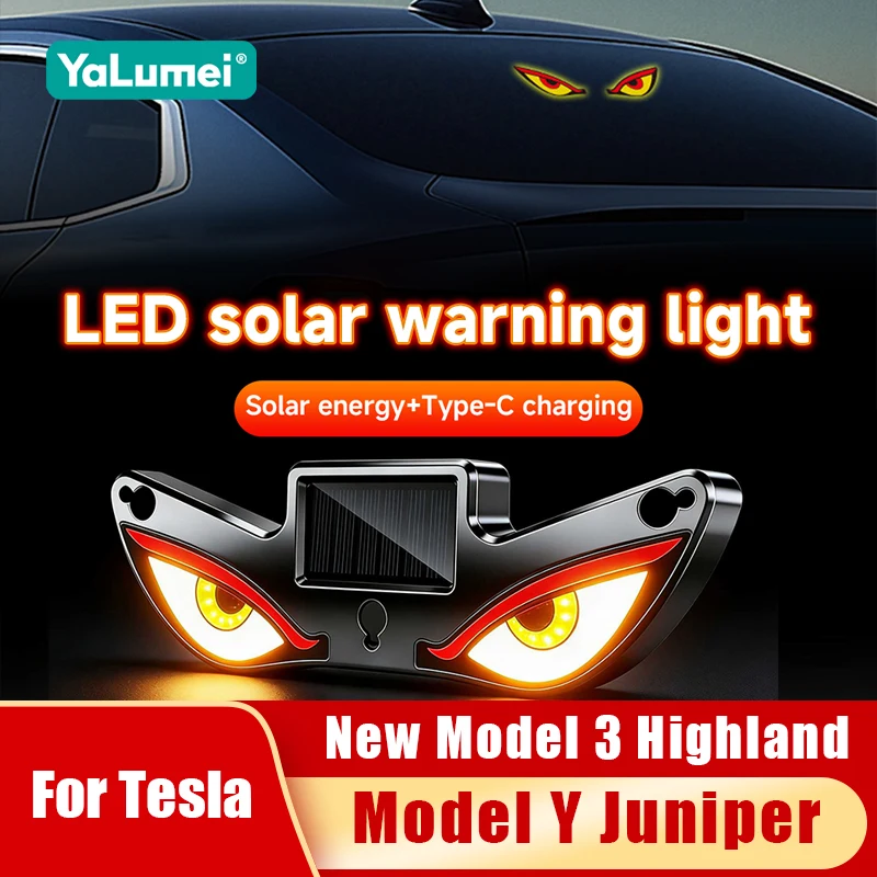 Car Solar Devil Eye LED Warning Light For Tesla Model Y Launch Juniper 2025 2026 New Model 3 Highland 2024 2025 2026 Accessories