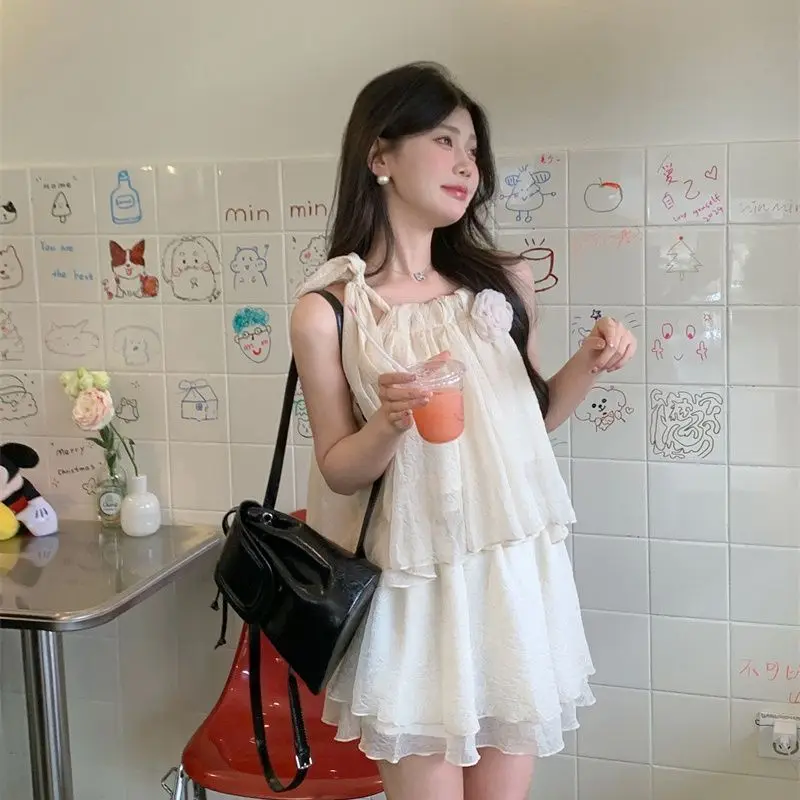 Solid Sets Women Lace-up Loose Camisole Bow A-line Skirts Folds Korean Style Beach Fairycore Holiday Casual Pretty Stylish Chic