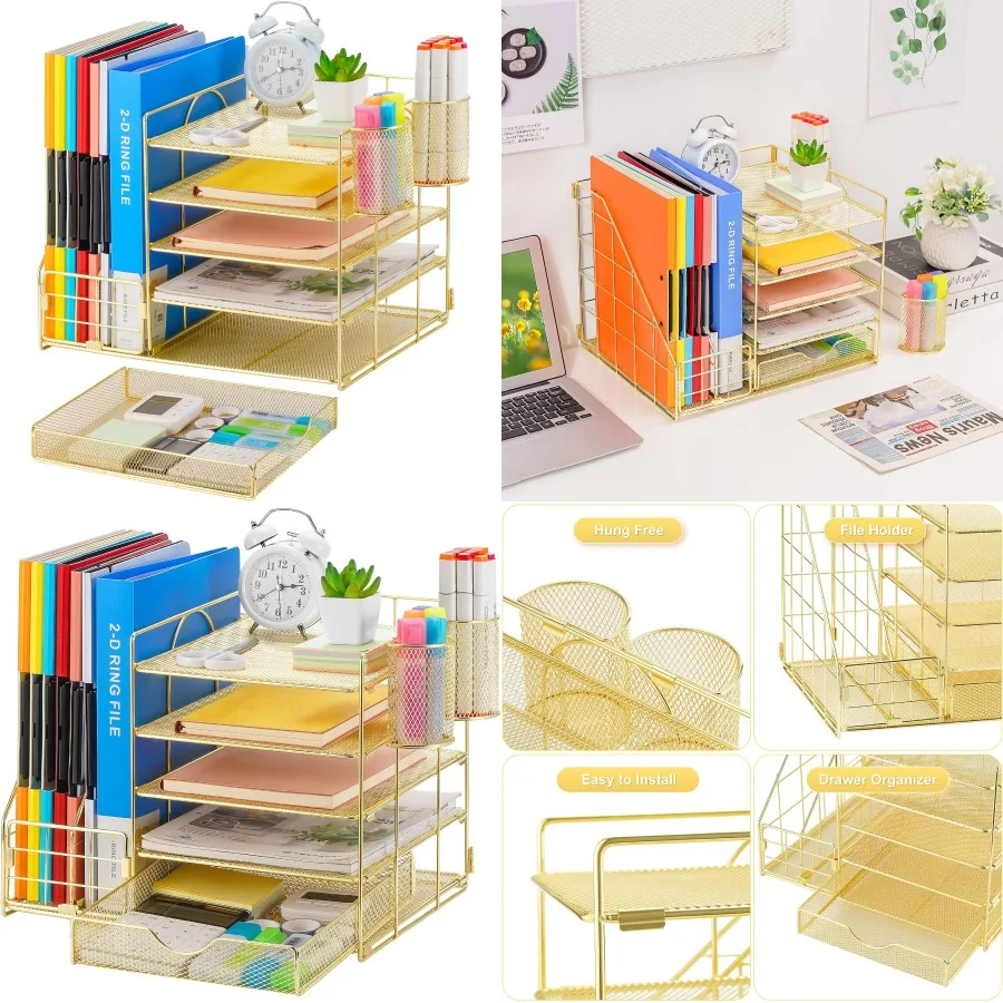 

Rose Gold Desk Organizer with File Holder 5-Tier Paper Letter Tray Organizer with Drawer and 2 Pen Holder Mesh Desktop Organize