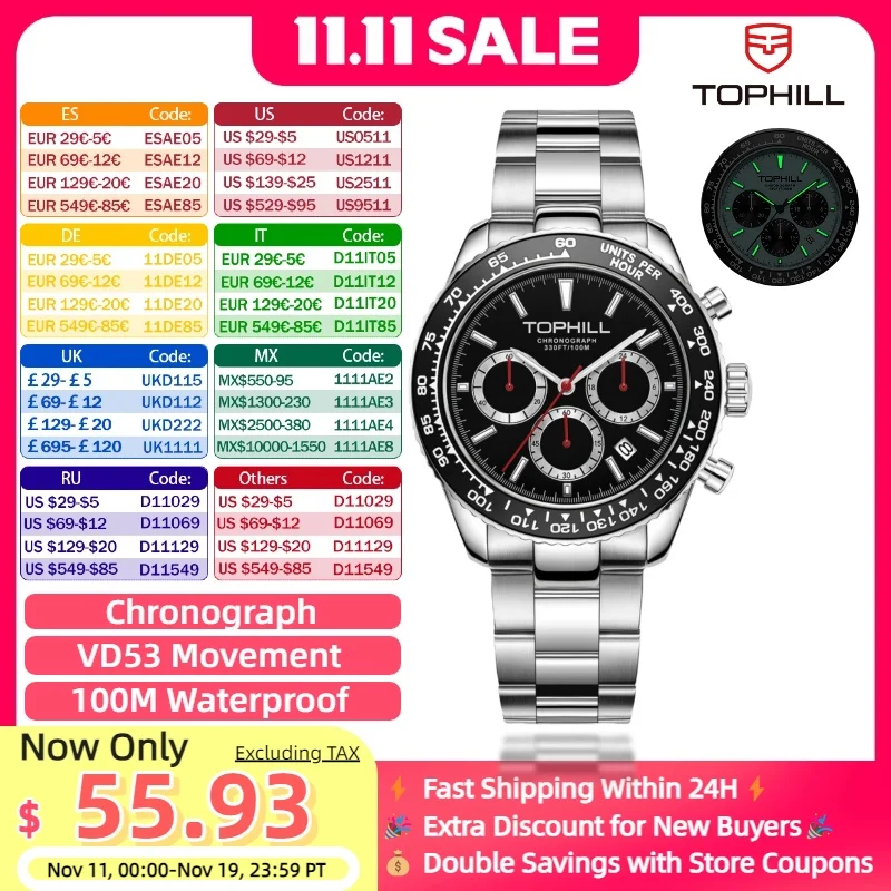

TOPHILL Racing Chronograph Men’s Quartz Watch Panda dial Tachymeter Bezel Sport Wristwatch Stainless Steel 100M Waterproof