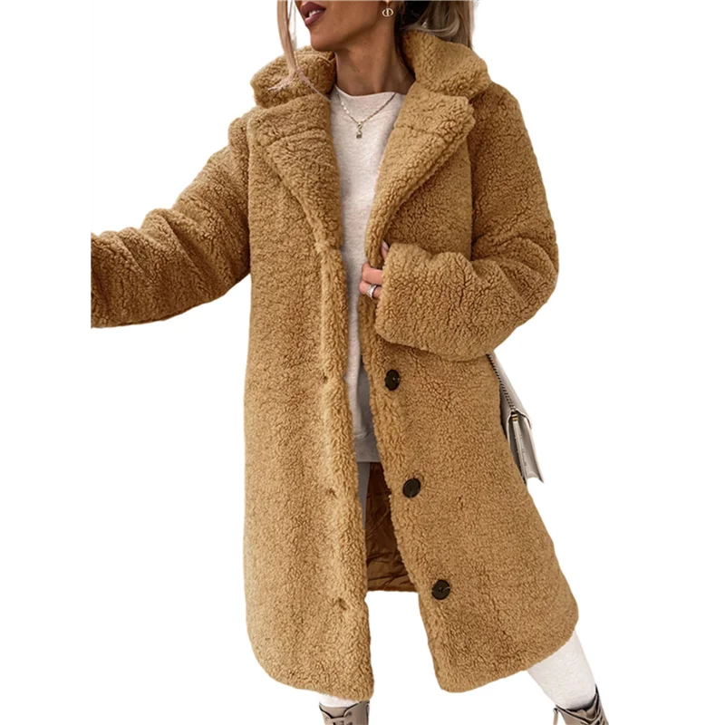 

IALJ-Women's Casual Long-Sleeved Lapel Button Coat Autumn And Winter Plush Coat Long Coat