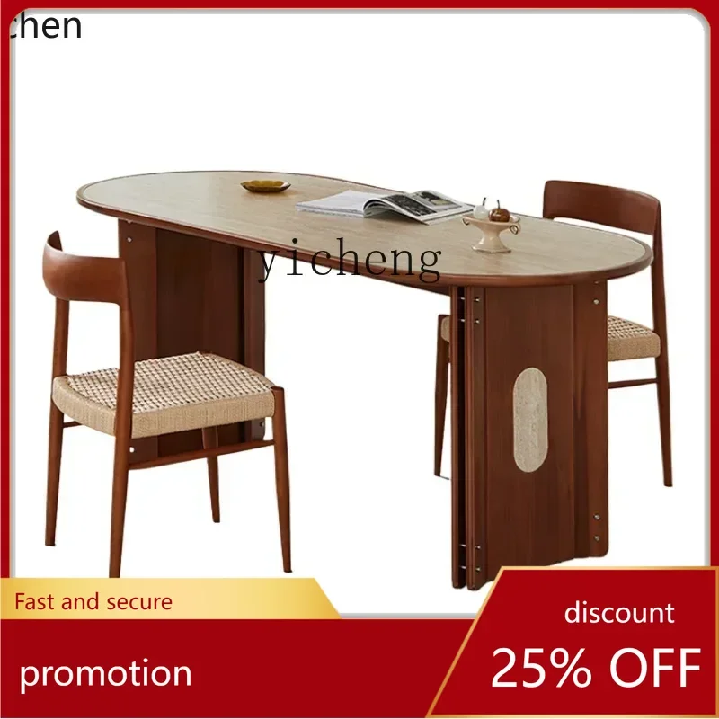 

ZML oval travertine dining table in the ancient style rock slab solid wood Fan cream style