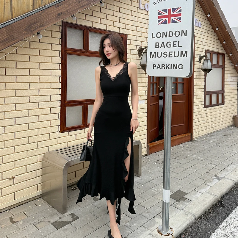 

Women Long Dress Elegant 2025 Lace Edge Fishtail Dress Summer New Black Split End Slim Fit Party Club