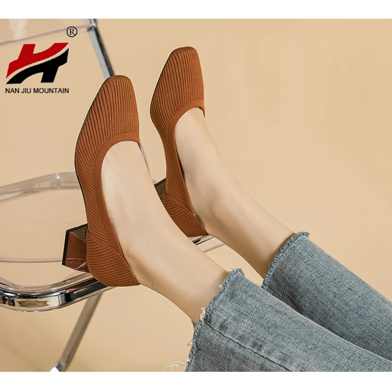 Solid Color Single Shoes Women Low-Heeled Square Toe Shoes 2023 New Fashion Spring Autumn Knitting Shoes Plus Size 43