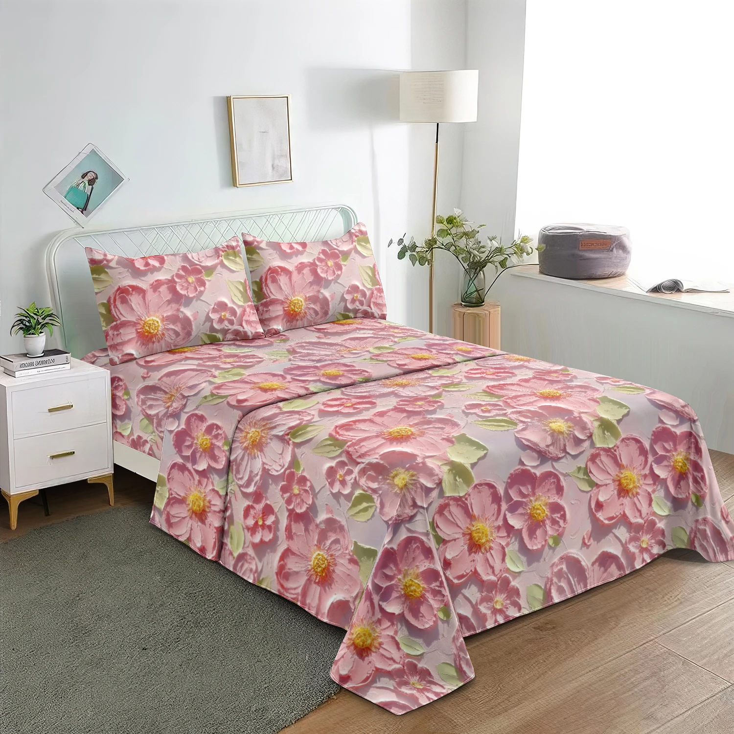 4pcs Pink Floral Bedding Set, Vintage Textured Flower Print Flat Sheet Fitted Sheet, Microfiber Dreamy Aesthetic Bedroom Decor