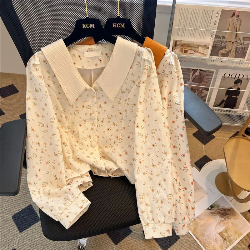 Floral Sweet Chiffon Shirt Women Fall Loose Casual Puff Long Sleeve Fashion Blouse French Kawaii Peter Pan Collar Chic New Tops