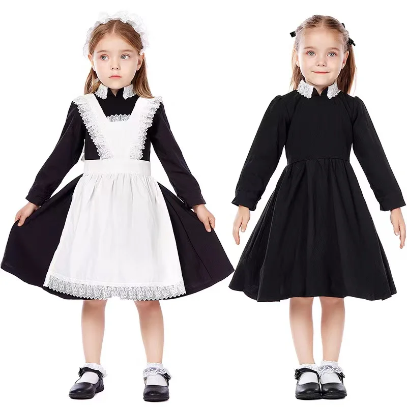 Lovely British Style Girls Halloween Maid Costumes Kids Children Housekeeper Cosplay Carnival Purim Role Play Show Party Dress