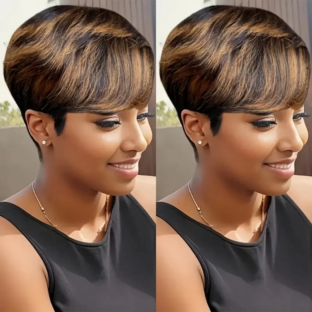 شعر مستعار قصير بقص عابث للنساء، تصميم بطبقات من الشعر البشري البرازيلي مع غرة، شعر مستعار آلي كامل #2