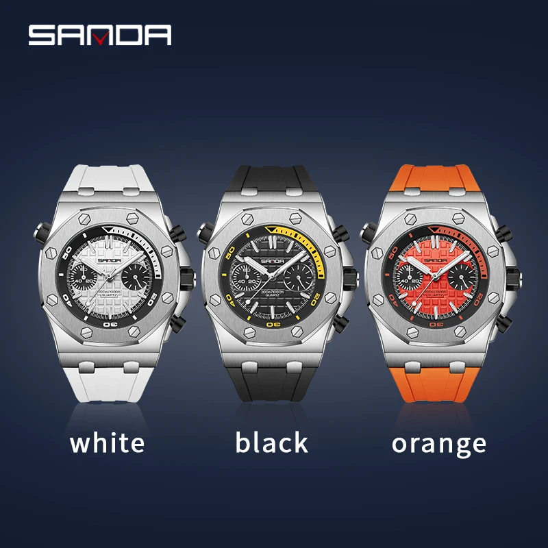 SANDA Top Brand Quartz Watches Mens Fashion Outdoors Waterproof WristWatch Date Chronograph Analog Display Silicone Strap Clock