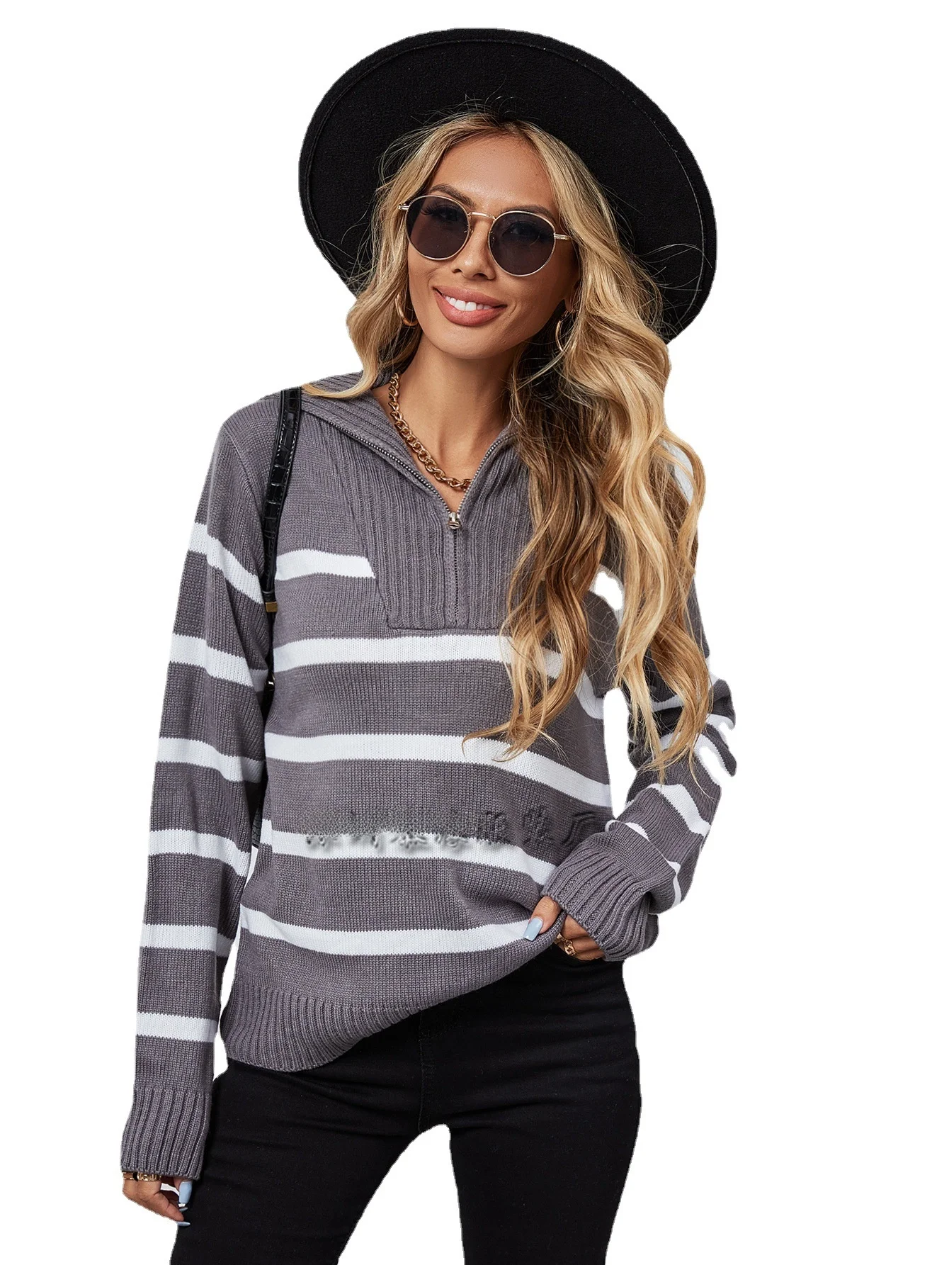 

Женский вязаный свитер с высоким вырезом, осень-зима, полосатый длинный свитер на молнии, модный повседневный удобный топ