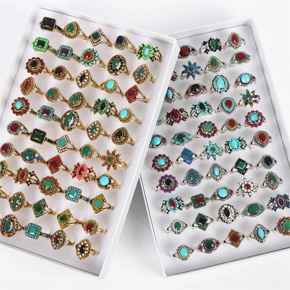 20Pcs/Lot Bohemian Colorful Turquoise Stone Silver Gold Plated Rings for Women Retro Jewelry Accessories Party Gifts Mix Style