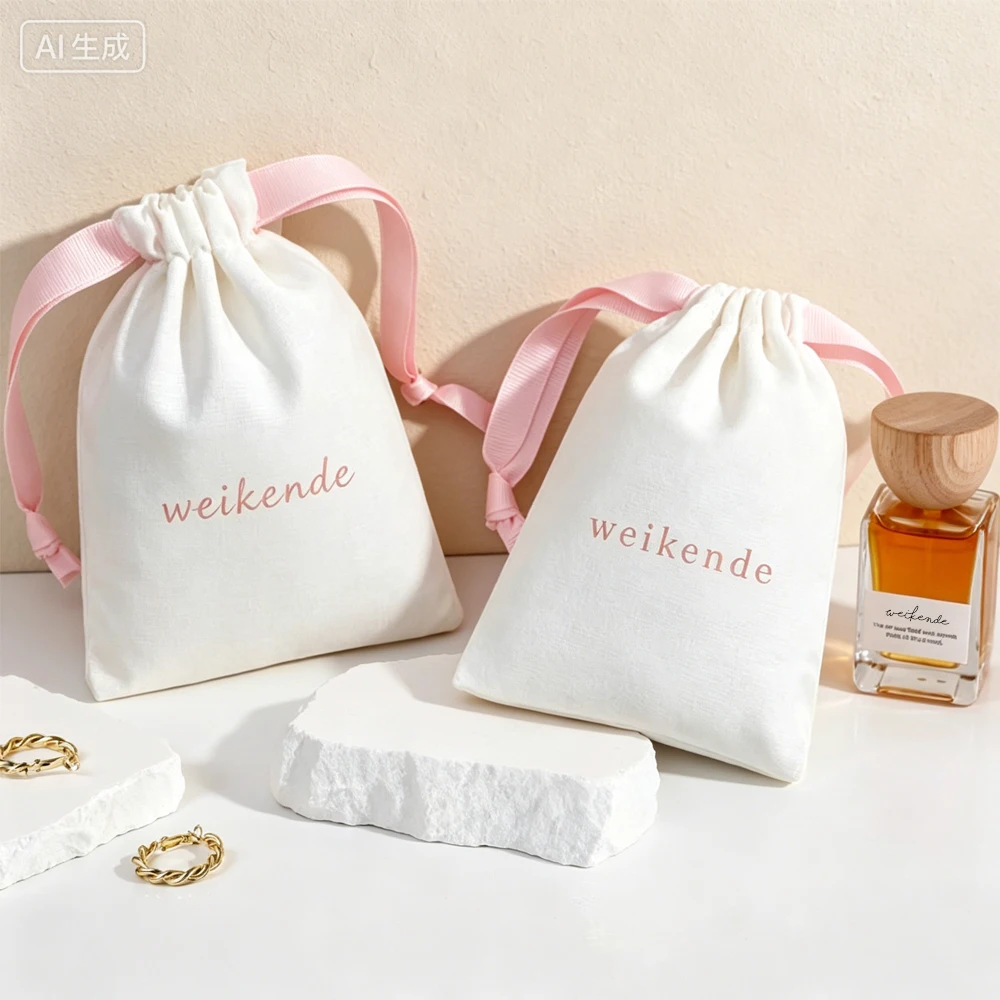100Pcs Custom Logo White Burlap Cotton Drawstring Bag With Pink Grosgrain ribbon Bridesmaid Wedding Packaging Birthday Gift