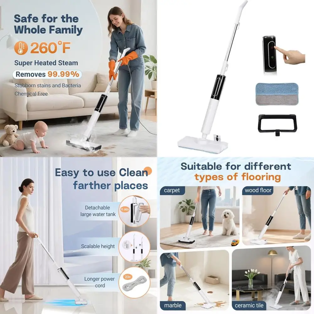 

Мощная паровая швабра 1200 Вт со съемным ручным очистителем, нагрев до 260 градусов ° Отпариватель F за 20 секунд, 2 парогенератора, LED-дисплей, шнур 23 фута, Id