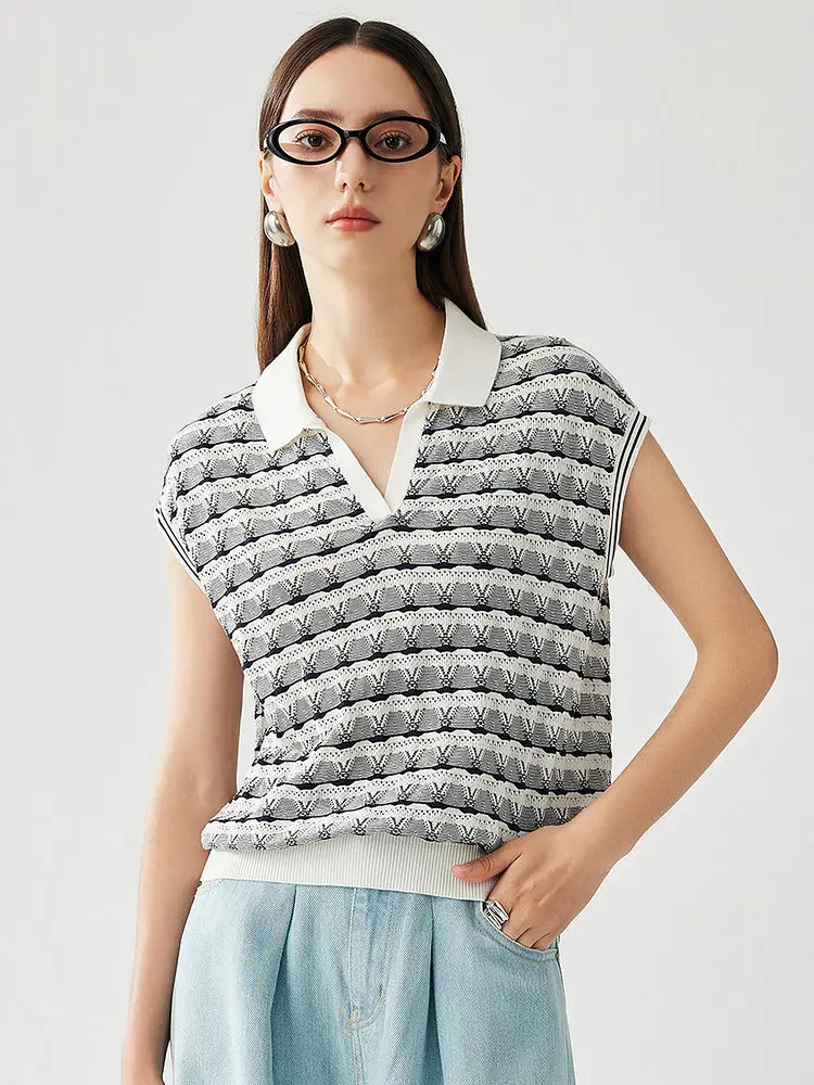 

Zhaojun Spring Summer New Style Loose Short Sleeve Striped Knitwear Women's Turn-down Collar Silk T-shirt Casual Standard Fit
