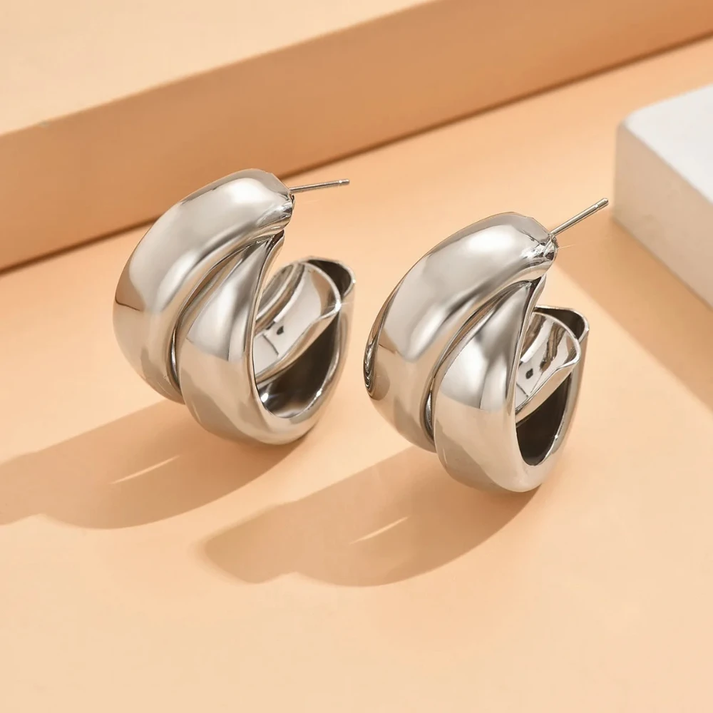 الفولاذ المقاوم للصدأ مكتنزة هوب أقراط للنساء الفتيات الذهب اللون حلقة مزدوجة سميكة هندسية انخفاض الأقراط بيان مجوهرات هدية