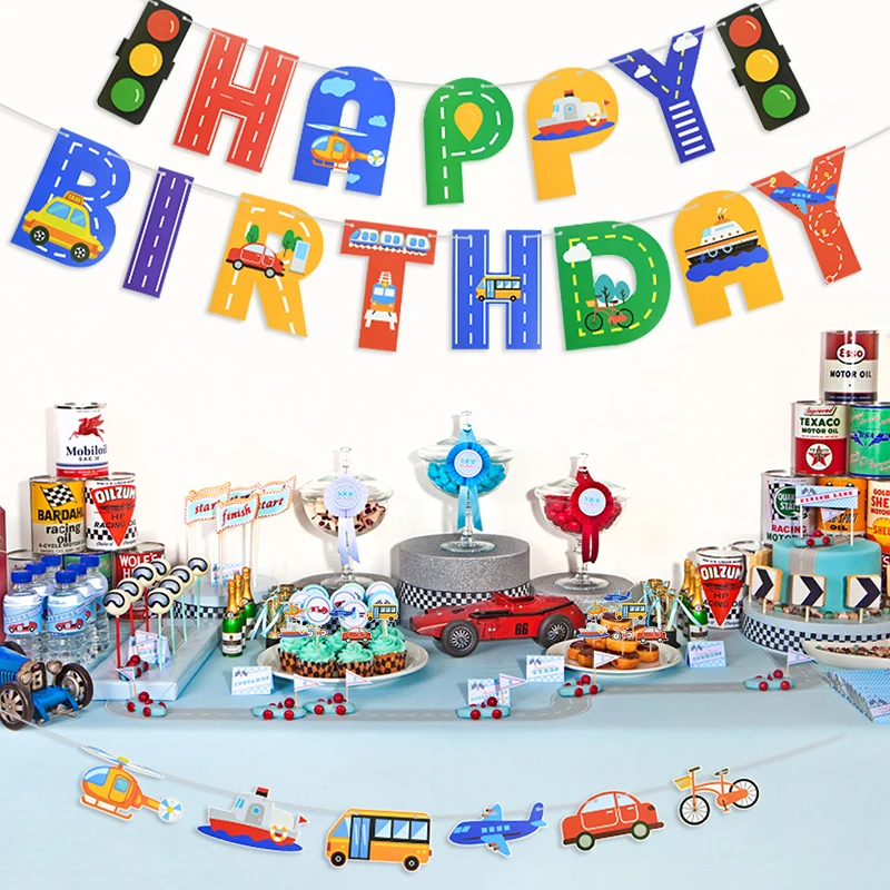 

Boys Happy Birthday Banner Cartoon Car Airplane Transporter Hanging Garland Flags Kids Birthday Party DIY Decoration Baby Shower