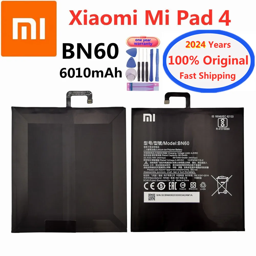 

2024 Years 100% Original Xiao mi BN60 Battery For Xiaomi Pad 4 Tablet Pad4 MiPad4 6010mAh High Capacity Battery Bateria + Tools