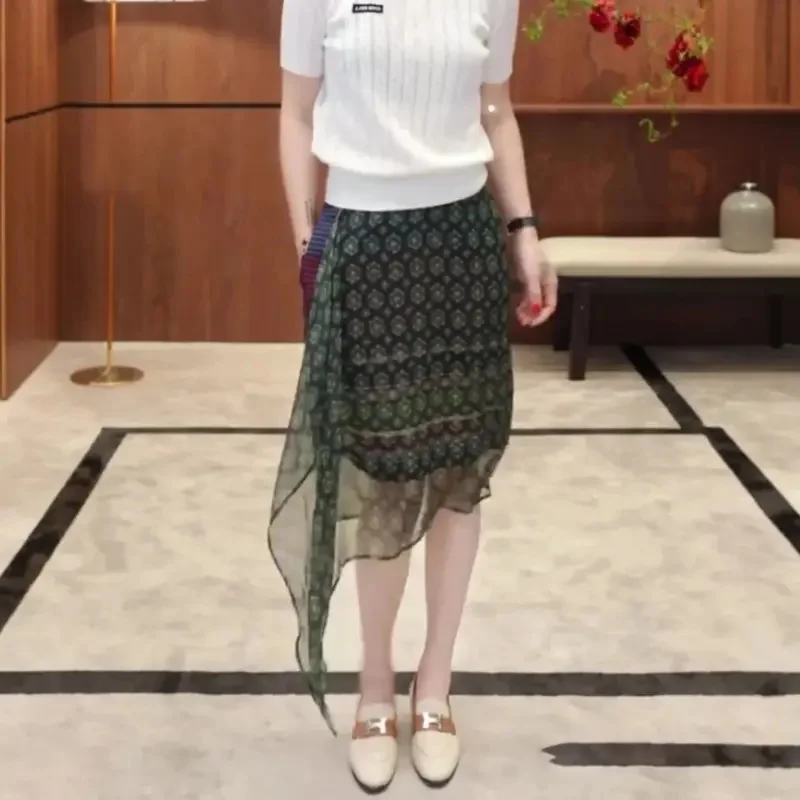 New Summer Chiffon Skirt Women Ethnic Splice Patchwork Thin High Waist Irregular Flower Print Midi Skirts Casual Jupe