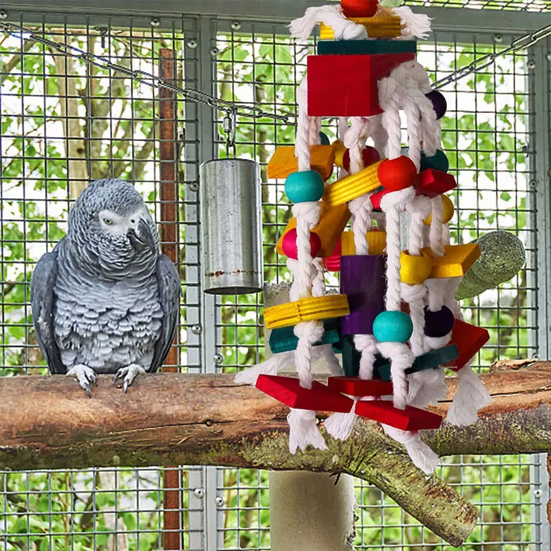 Parrot Chewing Toy for Medium Large Birds Colorful Wooden Cage Accessories Natural Safe Bite Block for Grey Macaw Cockatoo