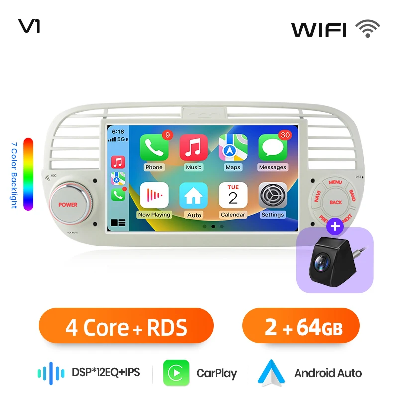 Junsun 7 inch Android autoradio voor Fiat 500 2007 - 2015 draadloos voor Apple CarPlay Auto IPS touchscreen stereo multimediaspeler automotive slimme intelligente systemen 2 Din autoradio head unit