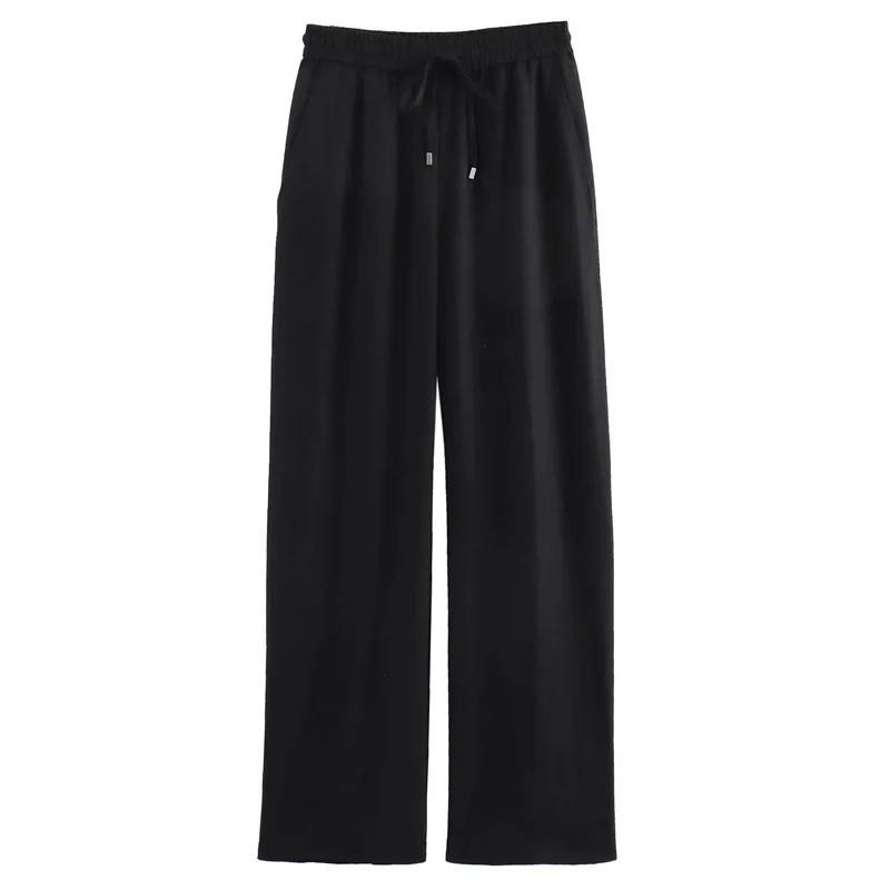 TRAF Pleated Wide Linen Pants Woman Autumn Baggy Bluey White Black Pants Women Casual Fluid Straight Elastic Waist Women's Pants