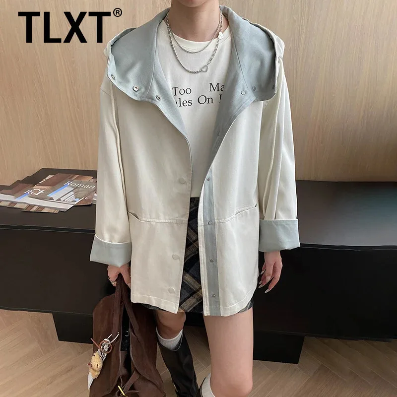 

TLXT модный женский тренч контрастного цвета с капюшоном, однобортный офисный женский короткий ветровка, пальто, новинка осени 2023 г.