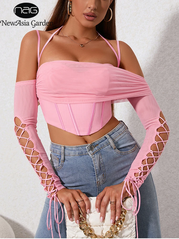 

NewAsia женский сексуальный корсет с открытыми плечами, бюстье, топ на шнуровке с открытой спиной и длинными рукавами, бандажная облегающая рубашка для вечеринок, розовый