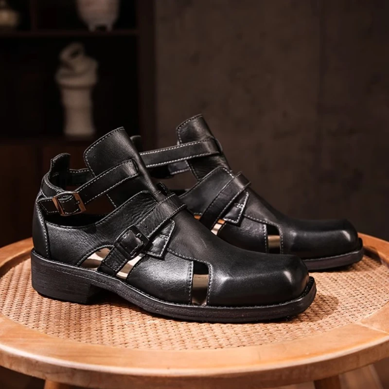 

Genuine Leather Retro Hollow Luxury Gladiator Shoes Outdoor Premium Square Toe Hiking Sandals Handmade Men High-top Sandals