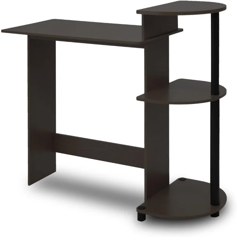 Compact Computer Desk with Shelves, Round Side, Espresso/Black