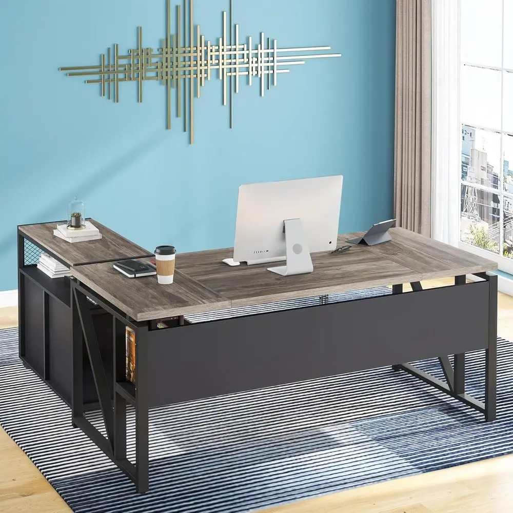 

Рабочий L-образный стол с ящиками и мобильным картотечным шкафом, комплект для домашнего офиса 55, цвет темный дуб