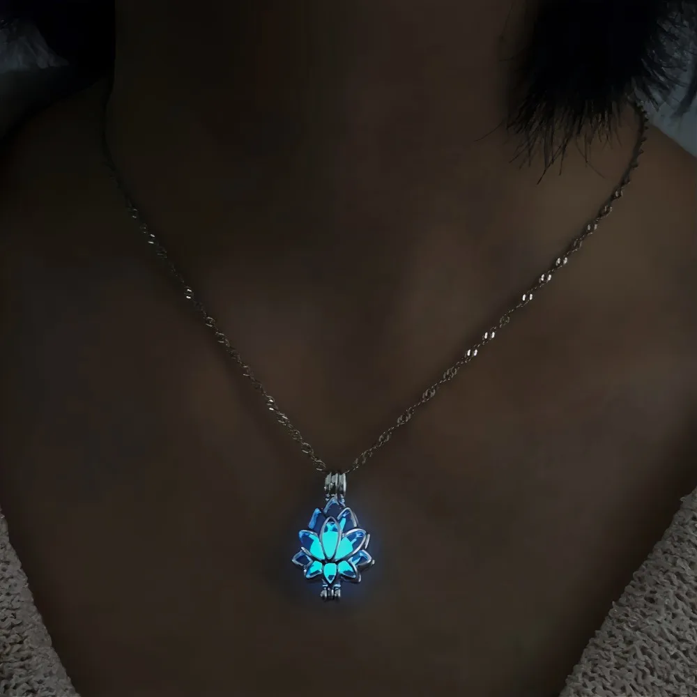 Glowing Lotus Pendant Necklace for Women and Men • Alloy Electroplated Water Wave Chain • Fluorescent Flower-Shaped Charm • Blue