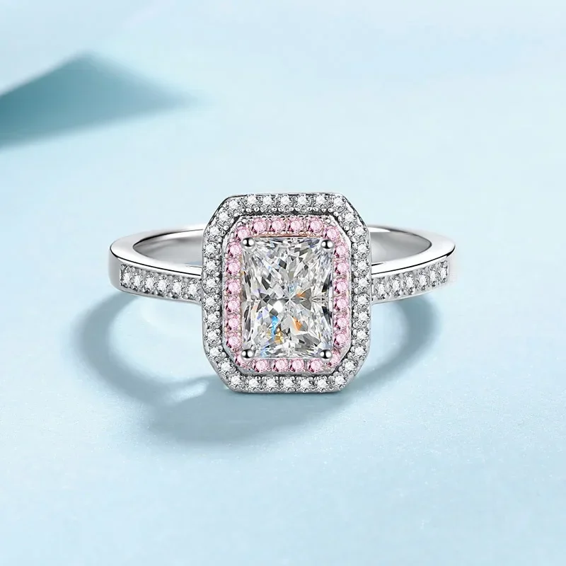 Luxury 1 Carat Square Sugar Moissanite Pink Diamond Platinum Rings, Sweet Temperament Pt950 Ring Gift for Girlfriends Jewelry
