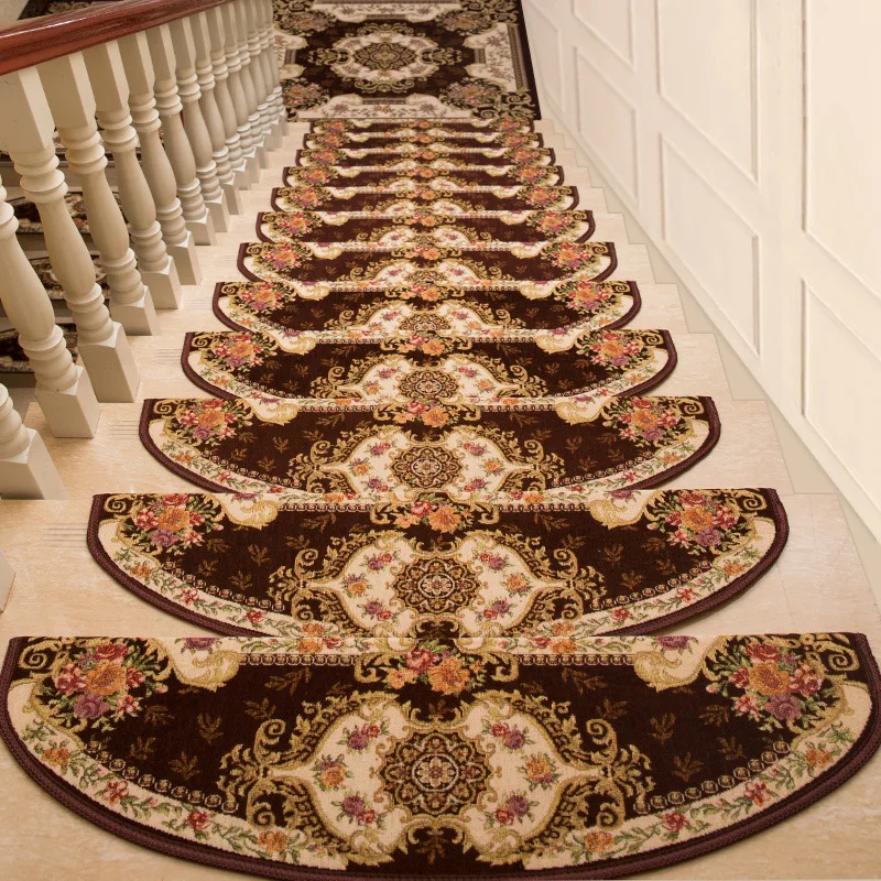 European Style Stair Treads Self Adhesive Non Slip Stair Carpet Vintage Floral Mat Silicone Base Wooden Cement Steps Protector