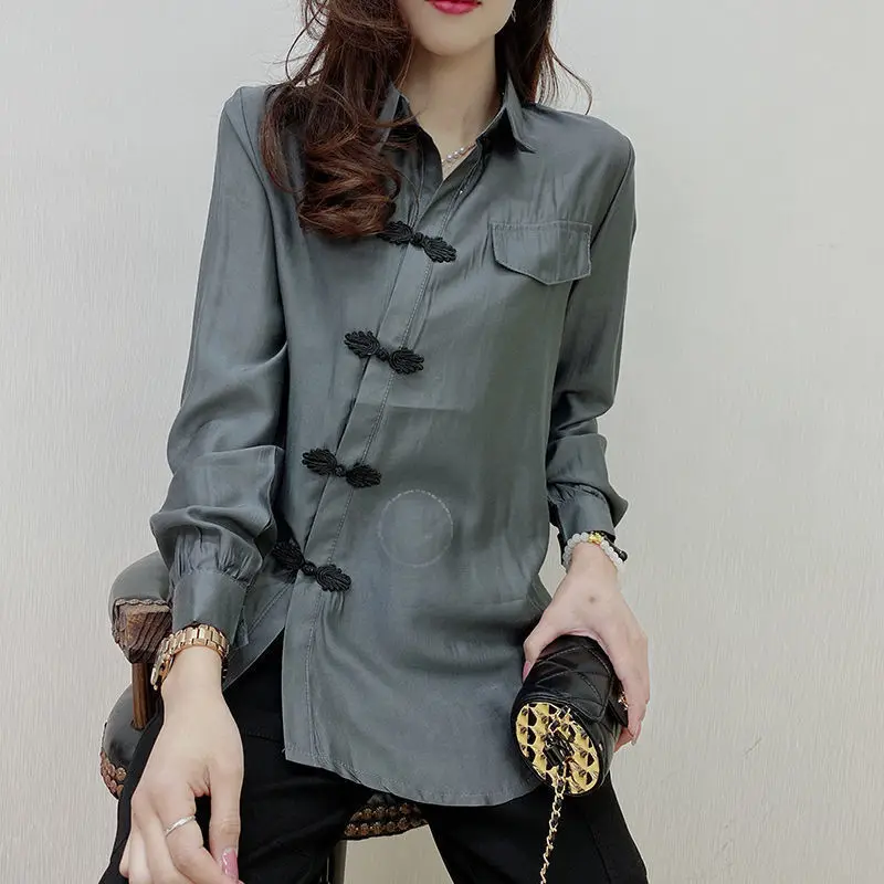 Spring Autumn Vintage Solid Color Shirt Women\'s Clothing Commute Asymmetrical Spliced Polo-Neck Folk Chinese Disc Buckle Blouse