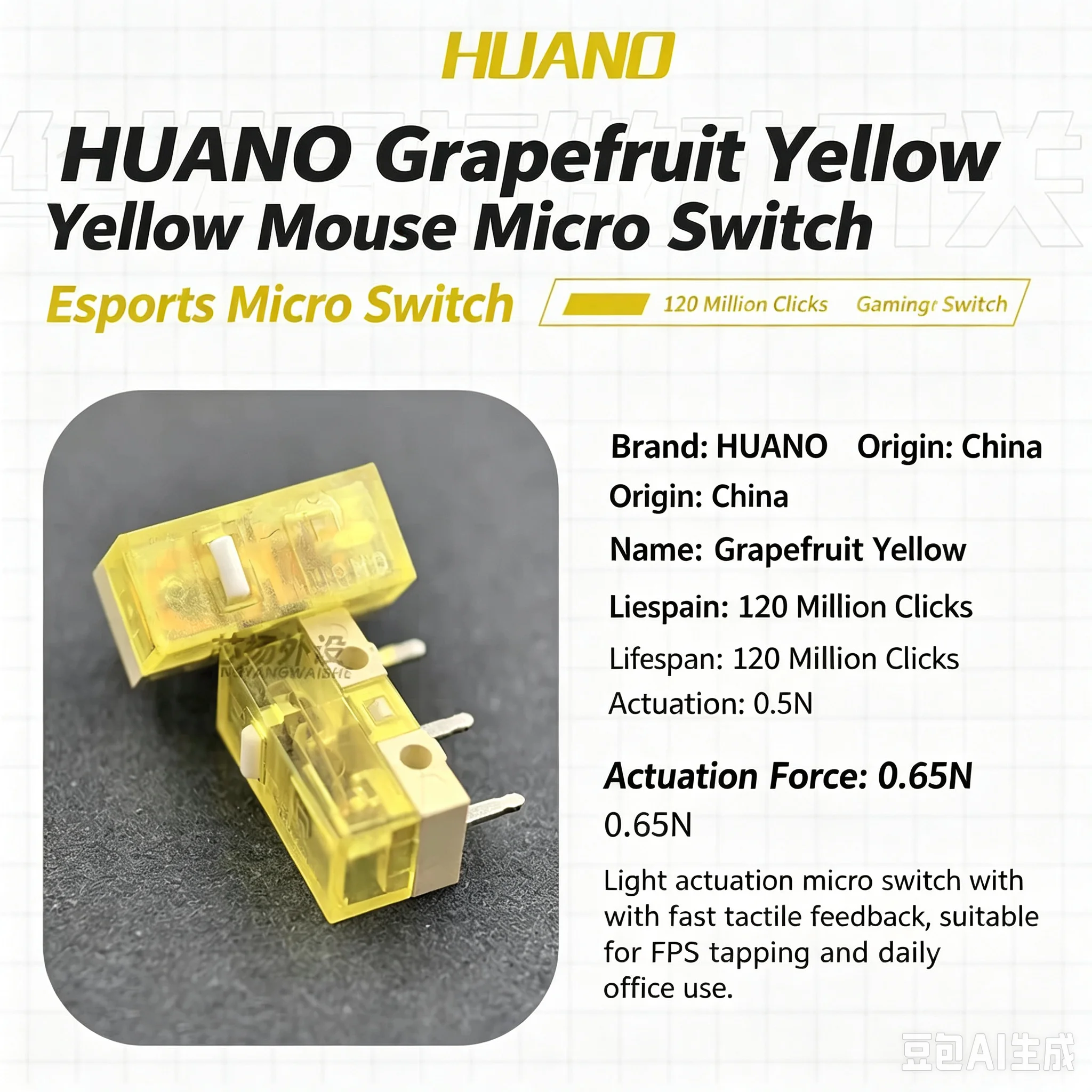 10pc-New HUANO Yellow Micro Switch 3-Pin Rectangular Mouse Button Replacement for Logitech Razer Mice, 120 Million Clicks Life