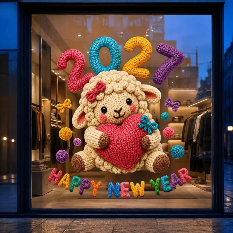 2027 Knit Sheep Static Window Sticker Happy New Year Decals Cute Lamb Christmas Window Decor Home Decoration Shop Glass Ornament