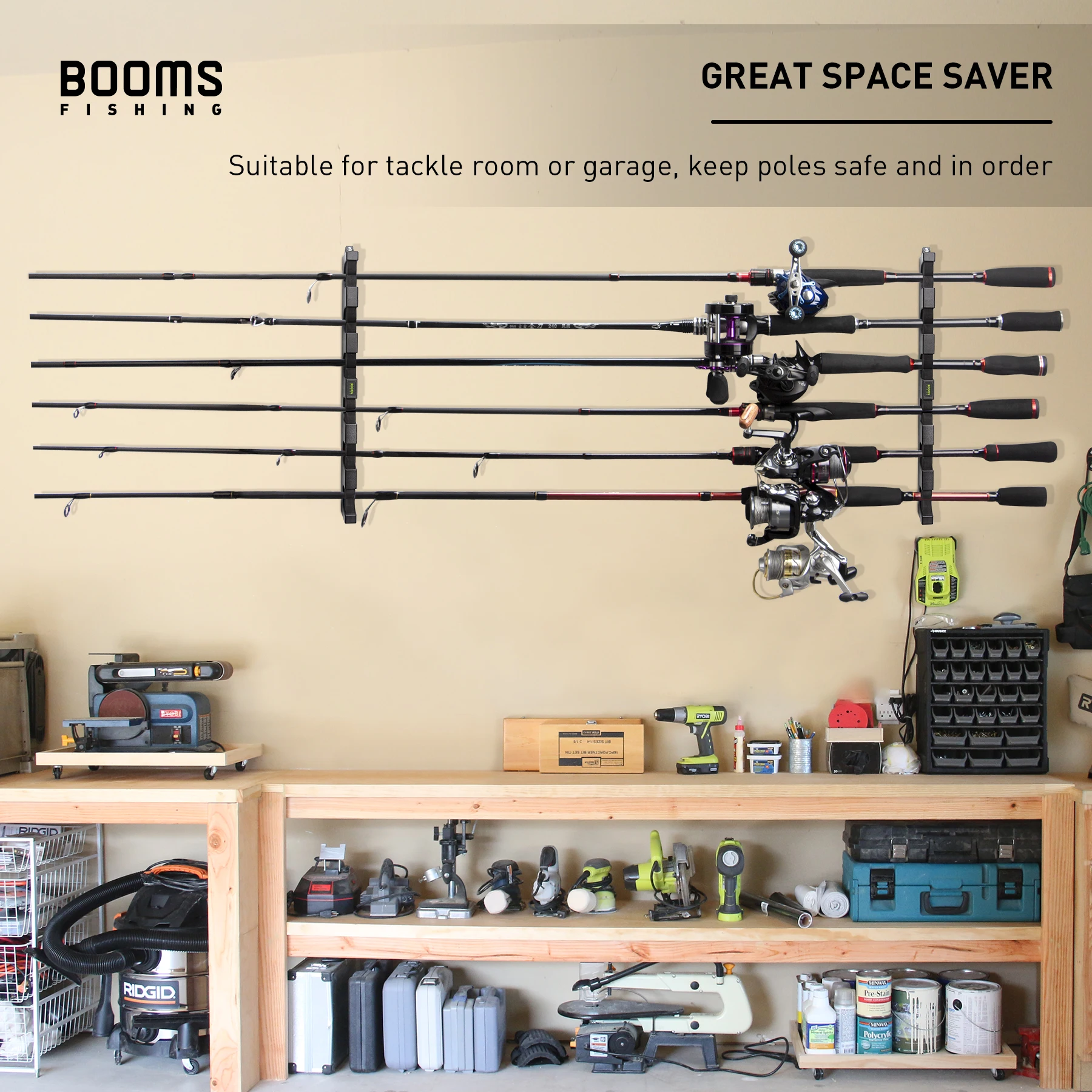 Booms Fishing WV5 Fishing Rod Holder Horizontal 6-Rod Rack Pole Storage Tool Wall Mount Modular for Garage Fishing Accessories