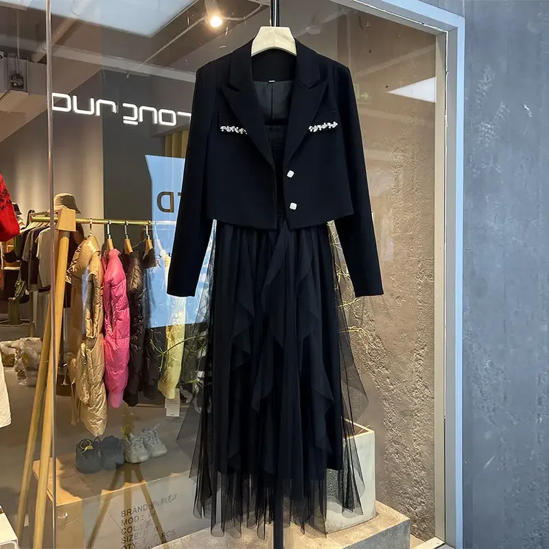 KUSAHIKI coreano 2 pezzi abiti donna diamante corto Blazer cappotto + Sexy Spaghetti Strap Mesh Dress abiti 2023 nuovo Set Casual